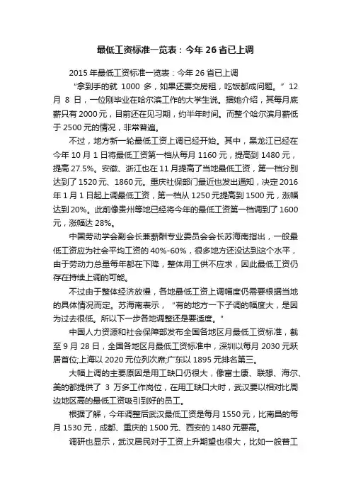 2015年最低工资标准一览表：今年26省已上调