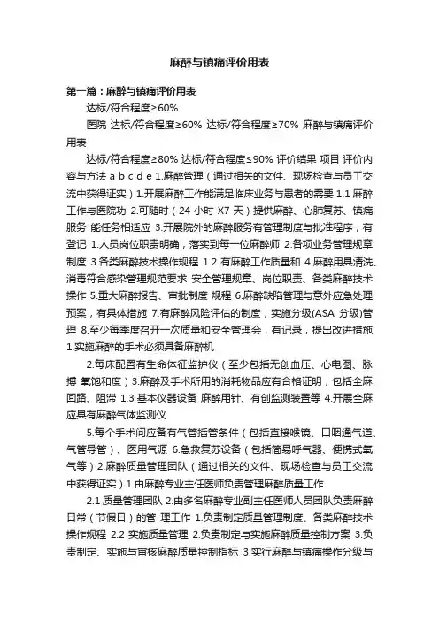 麻醉与镇痛评价用表