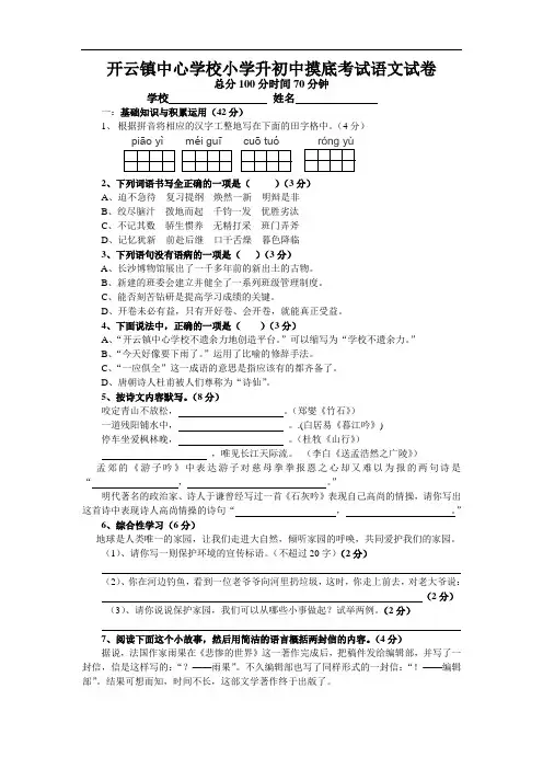 小学升初中摸底测试(附答案)
