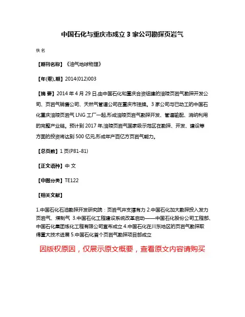 中国石化与重庆市成立3家公司勘探页岩气