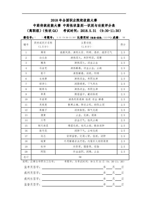 2018 高职 中药传统技能 中药性状与真伪 试卷-5套-答案