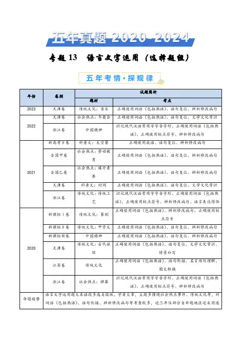 五年高考真题(2020-2024)分类汇编 语文 专题13 语言文字运用(选择题组) 含解析