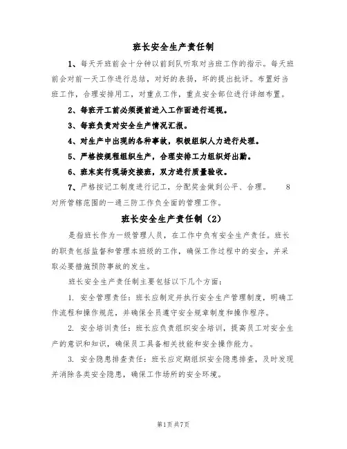 班长安全生产责任制（5篇）