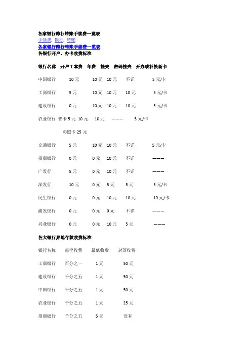 各家银行跨行转账手续费一览表