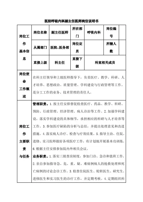 医院呼吸内科副主任医师岗位说明书