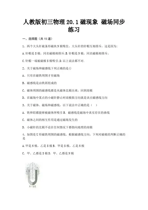 人教版初三物理20.1磁现象 磁场同步练习