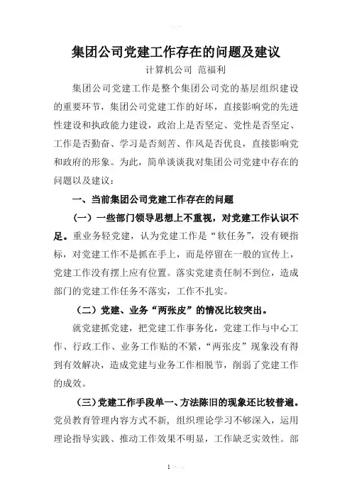 集团公司党建工作存在的问题及建议
