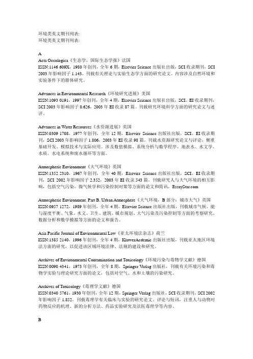 环境相关英文期刊杂志列表