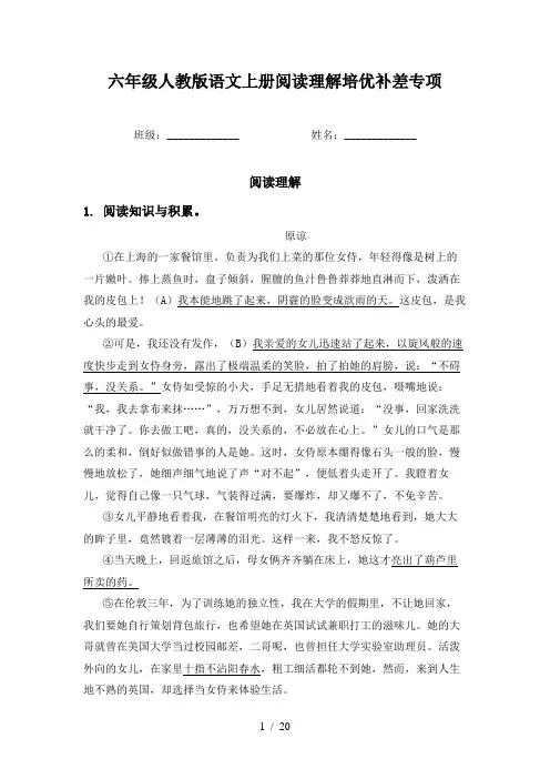 六年级人教版语文上册阅读理解培优补差专项
