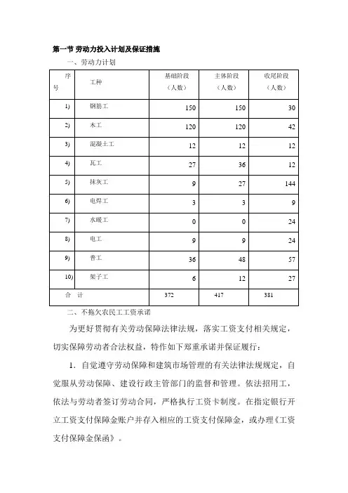 劳动力投入计划及保证措施