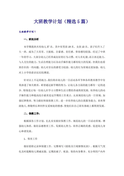 大班教学计划(精选5篇)