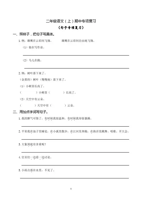 最新部编版二年级上册语文期中专项复习——句子
