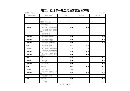 表二、2019年一般公共预算支出预算表