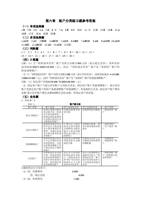 第六章  账户分类练习题参考答案