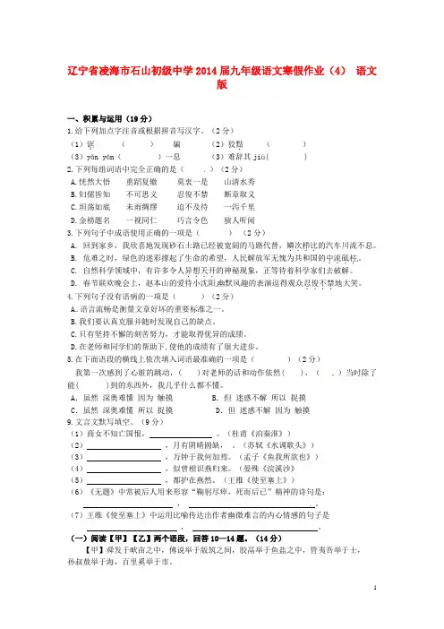 辽宁省凌海市石山初级中学九年级语文寒假作业(4)(无答案) 语文版