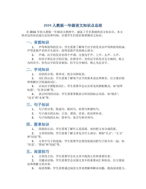 2024人教版一年级语文知识点总结
