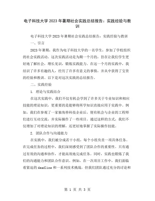 电子科技大学2023年暑期社会实践总结报告：实践经验与教训