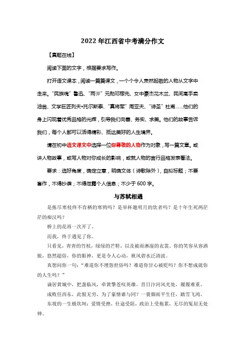 2022年江西省中考满分作文《与苏轼相遇》