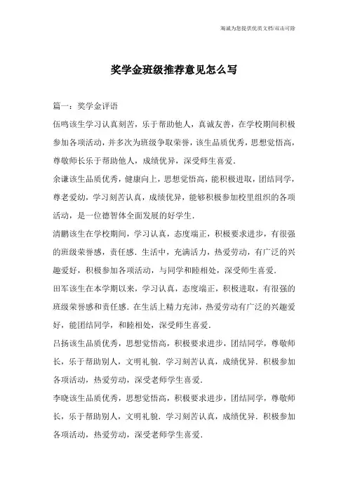 奖学金班级推荐意见怎么写