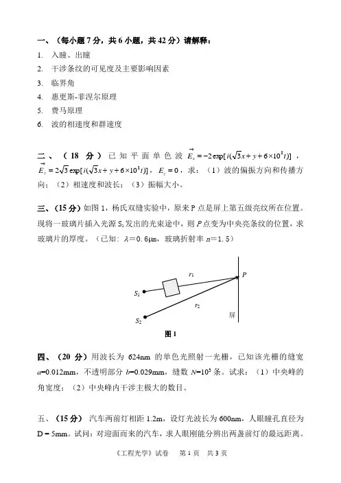 2016年中国计量大学823工程光学考研真题研究生入学考试试卷