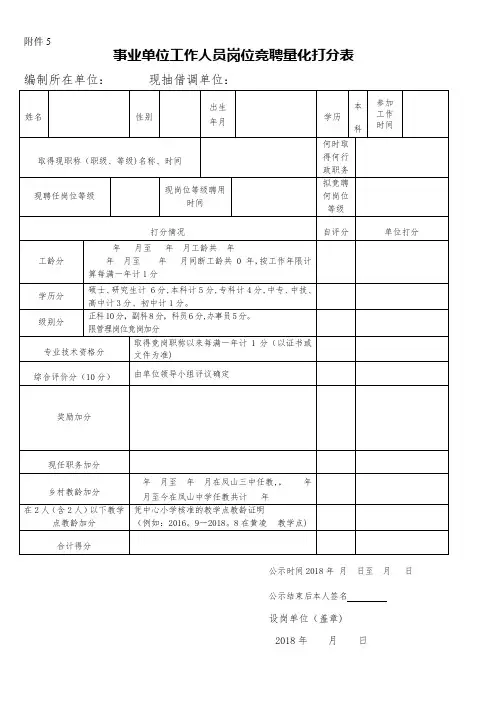 事业单位干部职工竞聘上岗量化打分表