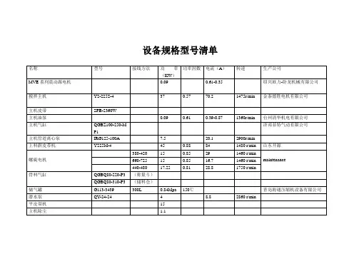 设备规格型号清单