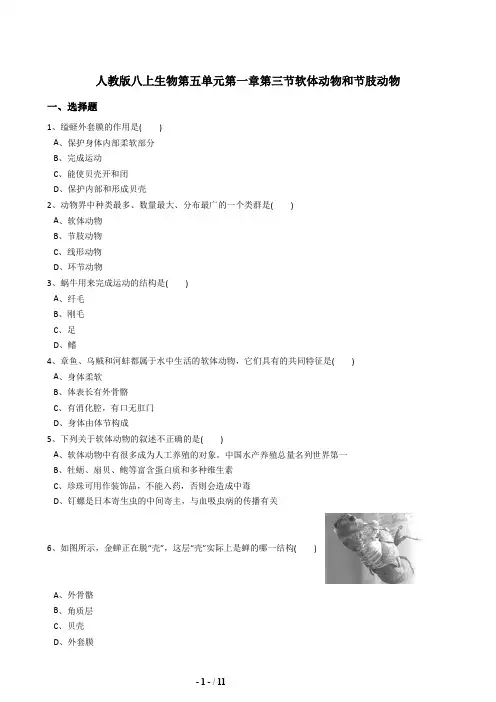 人教版八年级生物上册5.1.3软体动物和节肢动物同步练习(含答案)