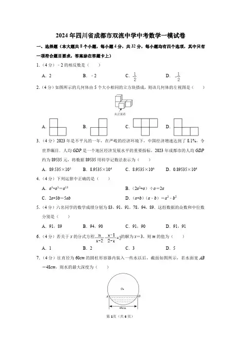 2024年四川省成都市双流中学中考数学一模试卷及参考答案