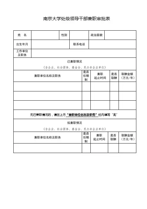 南京大学处级领导干部兼职审批表