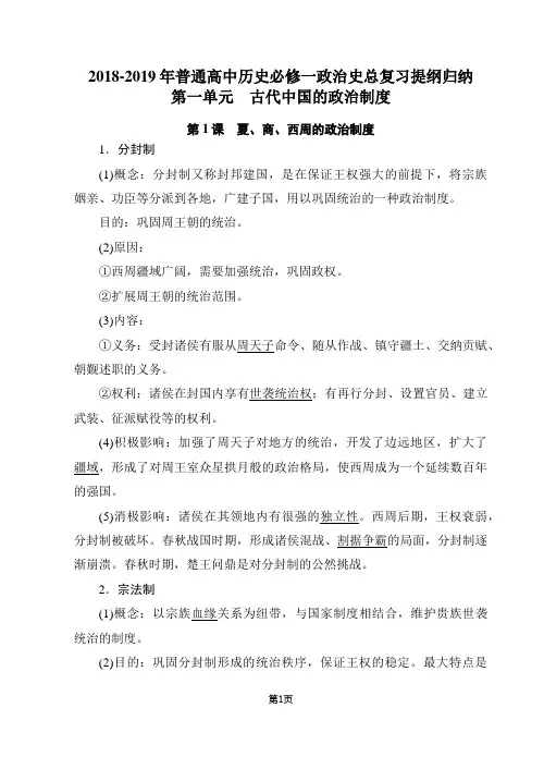 2018-2019年普通高中人教版人民版通用高一历史必修一总复习提纲归纳(背多分)
