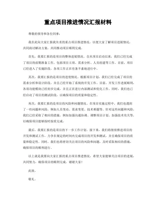 重点项目推进情况汇报材料