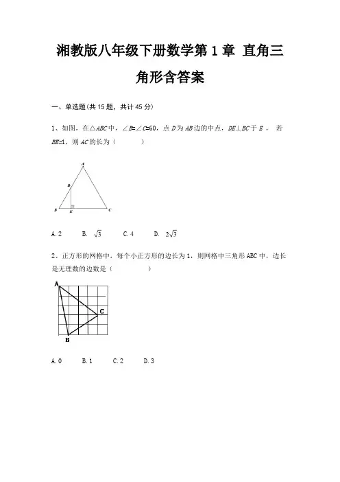 湘教版八年级下册数学第1章 直角三角形含答案