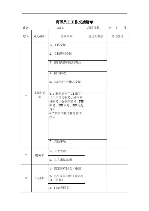 离职员工工作交接清单