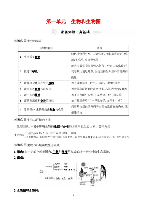 最新人教版中考生物同步知识点复习第一单元  生物和生物圈