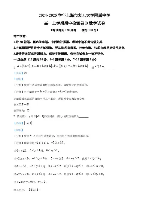 2024学年复旦大学附中高一数学上学期11月期中检测卷及答案解析