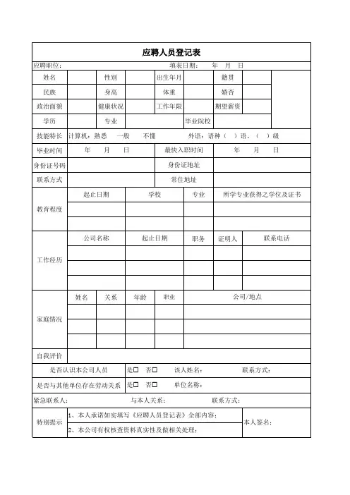 应聘人员登记表。