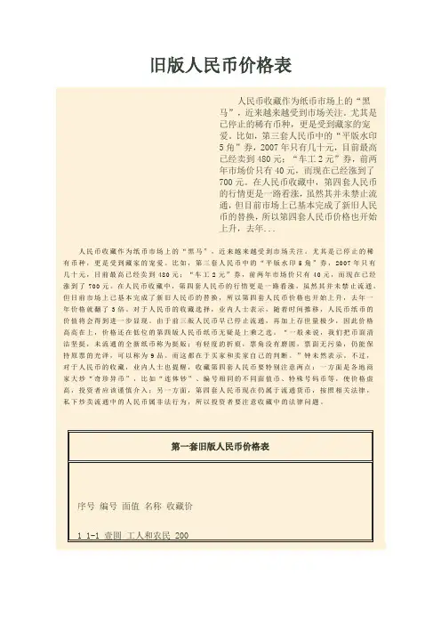 旧版人民币价格表