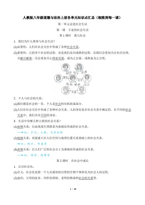人教版八年级道德与法治上册各单元知识点汇总(细致到每一课)