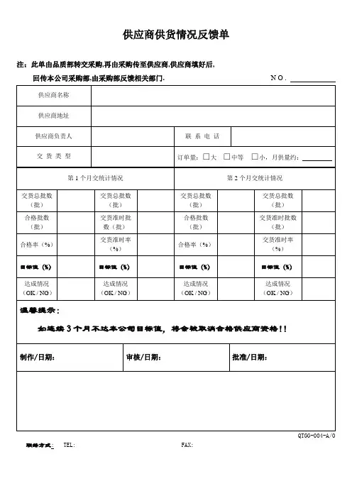 供应商供货质量反馈单