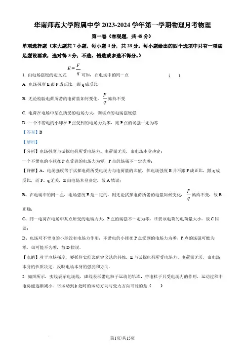 广州市华南师范大学附属中学2023-2024学年高二上学期月考物理试题(解析版)