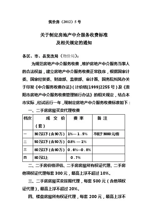 筑价房(2012)5号  关于制定房地产中介服务收费标准 及相关规定的通知