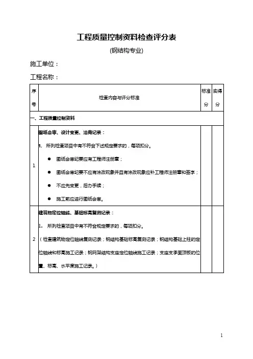 钢结构工程质量评分表