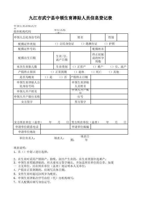 申领生育津贴人员信息登记表