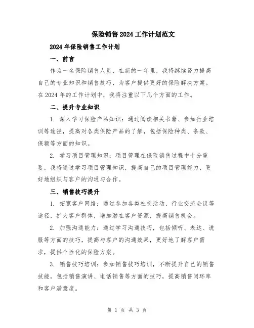 保险销售2024工作计划范文