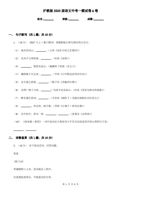沪教版2020届语文中考一模试卷A卷