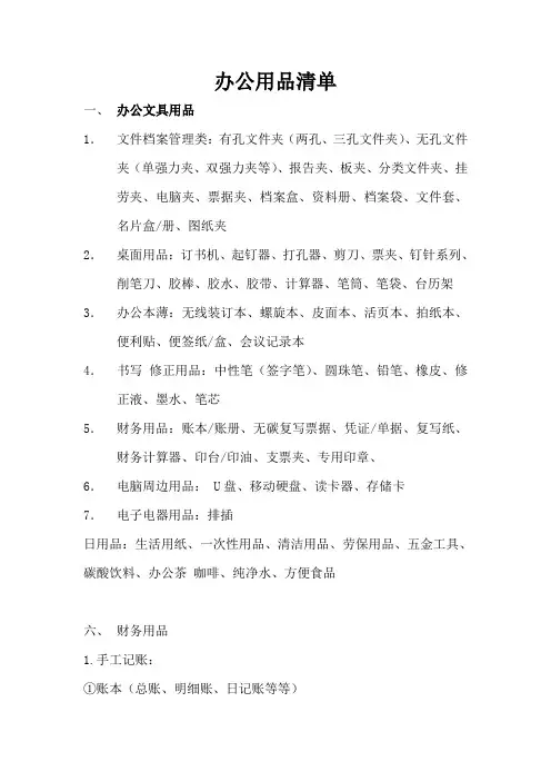 办公用品清单