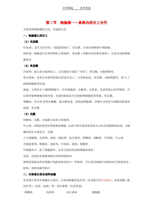 人教版高中生物必修1第三章《细胞的基本结构》(细胞器系统内的分工合作)知识点归纳