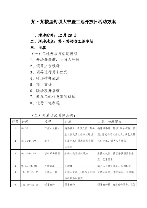 某房地产楼盘封顶大吉暨工地开放日活动方案