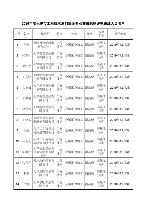 2019年度天津市工程技术系列冶金专业高级职称评审通过人员