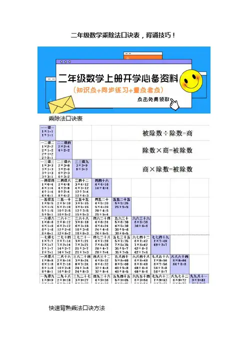 二年级数学乘除法口诀表，背诵技巧！